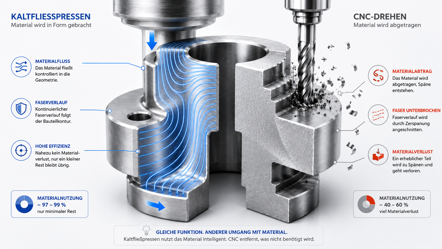 Cutaway-Vergleich mit Materialfluss beim Kaltfließpressen und Spänen bei CNC-Drehen